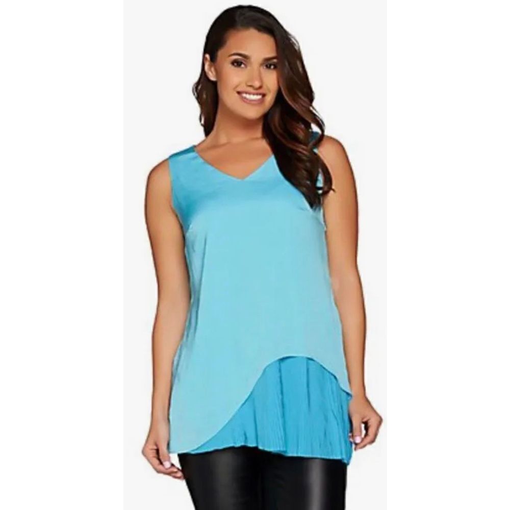 H by Halston Woven Sleeveless‎ Tunic with Pleated Detail Surf Blue Size 12